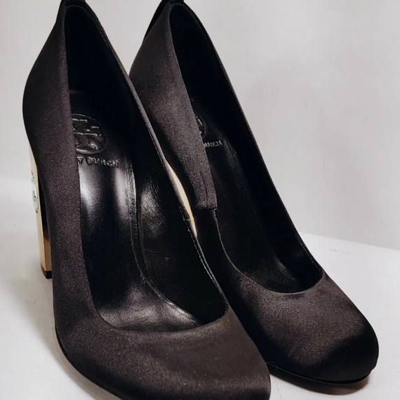 TORY BURCH Black Satin Round Toe/Gold Rhinestoned Block Hi-Heel Women's Size 7M - Picture 3 of 12